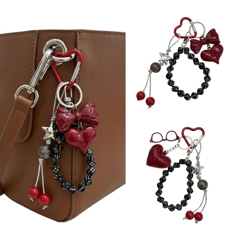 Cute Red Heart Cherry Design Beaded Keychain Creative Bow Bead Handbag Decor Luxury Keychain Pendant Bag Accessories