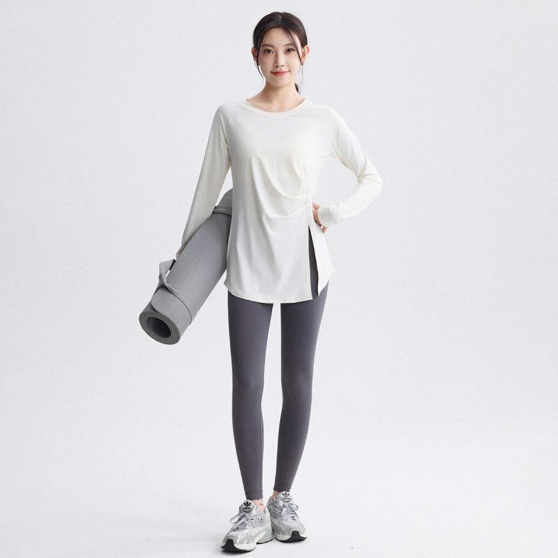 Haut de Yoga Manches Longues pour Femme Séchage Rapide Coupe Ample T-shirt d'Entraînement Course Pilates Gymnastique Fitness Longueur au-dessus des Hanches