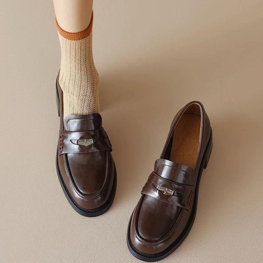 Women's 2025 Vintage Brown Preppy Loafers - Slip-On Coin Round Toe Leather Shoes with Kitten Heel