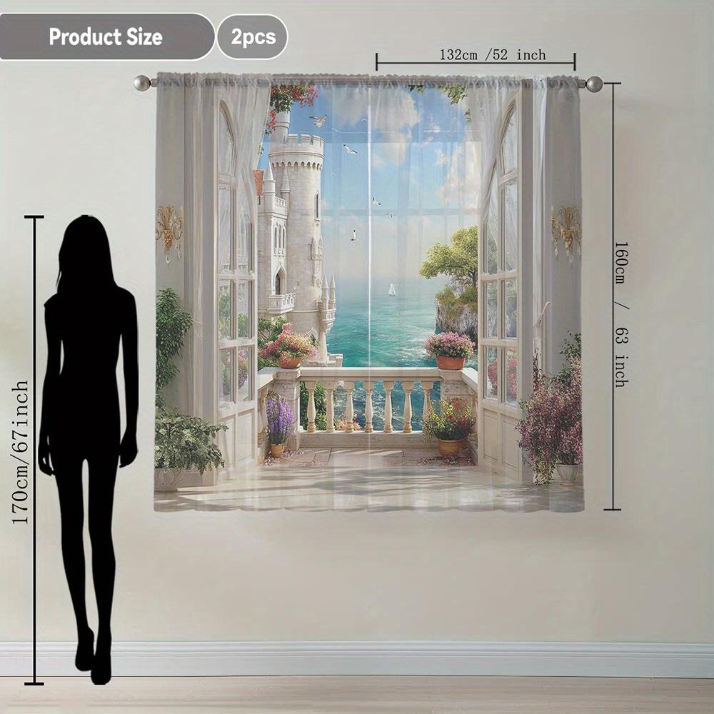 Sheer Castle Ocean View Curtains Romantic Dreamy Print Kitchen Caf Living Room Balcony Garden Curtain Set Of 2 Made Polyester Washable Ready