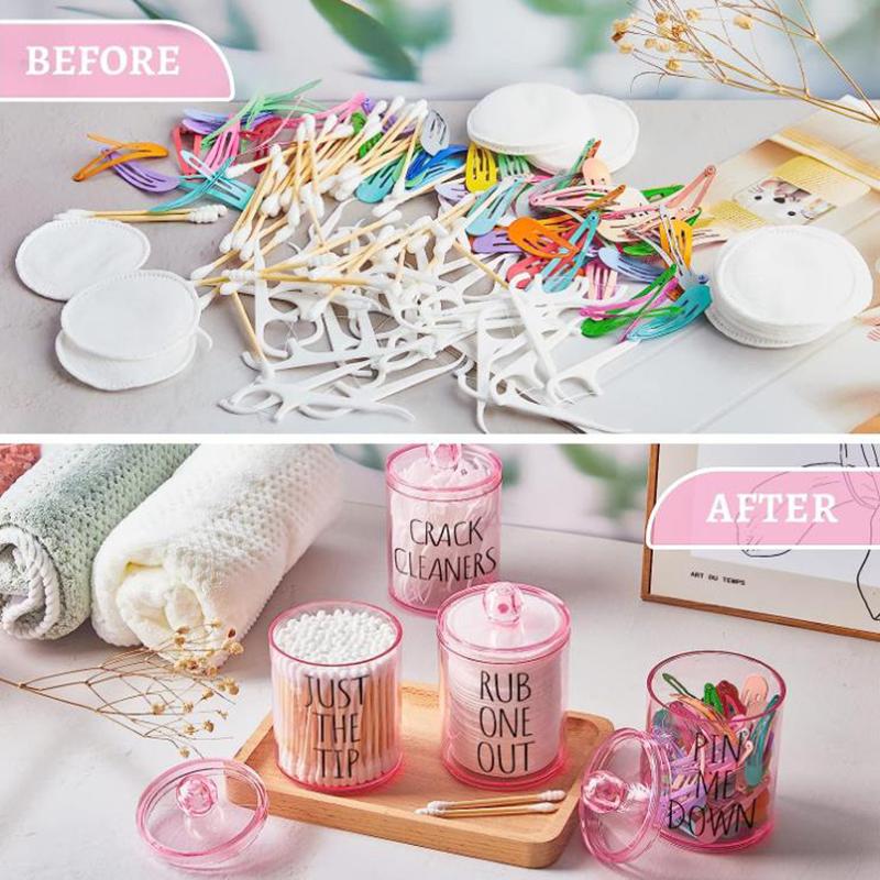 4 Pack Qtip Holder Dispenser with Lids and Labels - 10 Oz Apothecary Jars Bathroom Vanity Canister Organizer for Swabs, Floss