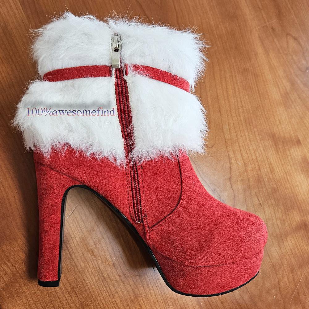 Women Winter Warm Shoes Christmas Lady Santa Claus Cosplay Shoes Red Ankle Boots High Heels Short Boots