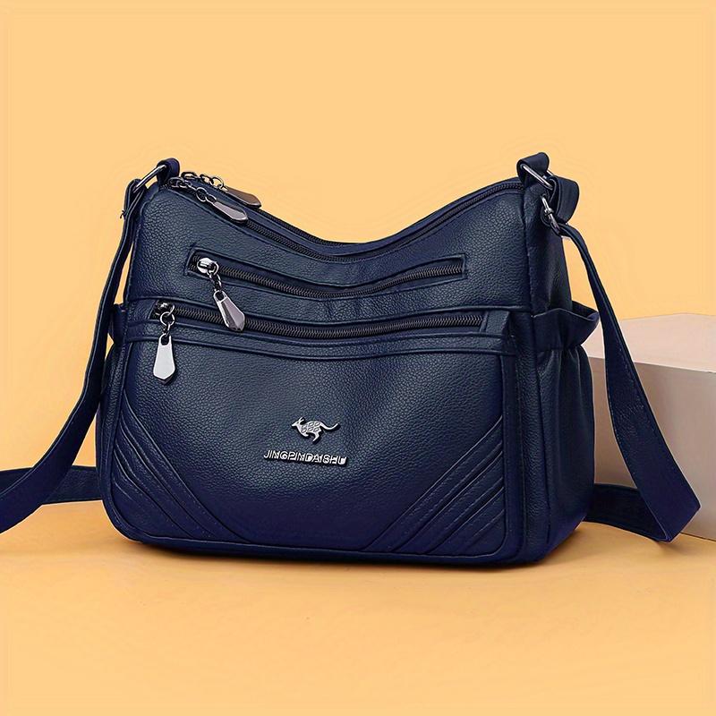 Women's Leather Crossbody Bag Multi-Zipper Pocket Purse with Adjustable Strap Textured Handbag