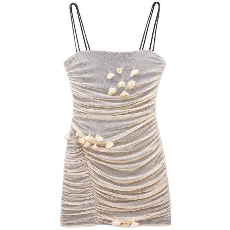 

Fashion Style 2024 Summer New Arrival Women s Clothing Stylish Strap Flower Decoration Silk Net Dress 0881/ Picture color L