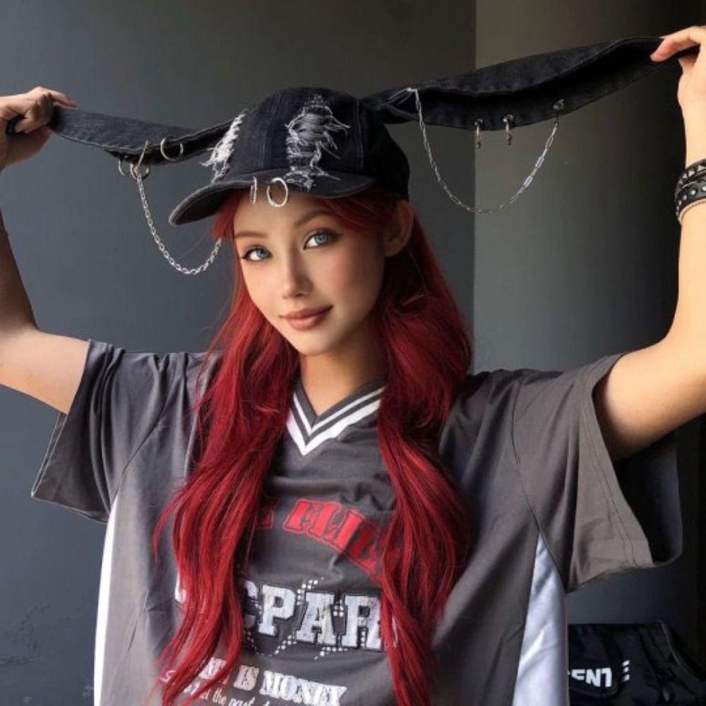 

Y2K Ripped Denim Baseball Cap Puppy Bunny Ears Snapback Cap Chains Doberman Ears Hat Street