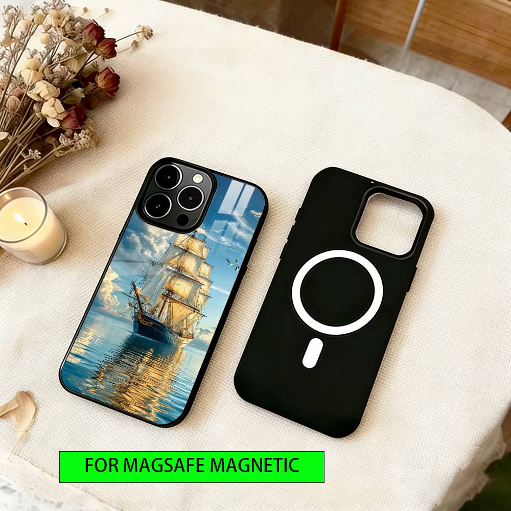 Sailing Ship Phone Case For iPhone17,16,15,14,13,12,11 Plus,Pro Magnetic For Magsafe Wireless Charging
