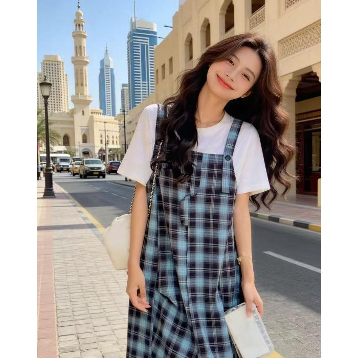Korean casual plaid dress early autumn new high-end temperament loose fake two-piece long dress women s clothing S
