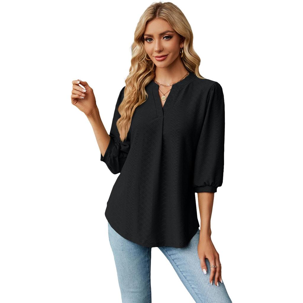 2024 Women's Autumn/Winter V-neck Jacquard Solid Color Loose Three-quarter Sleeve T-shirt