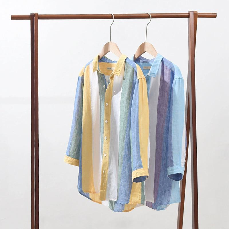 Pánská jarní a letní volná tenká pruhovaná košile se sedmiminutovým rukávem, mladistvý čtvercový límec, prodyšné ležérní topy