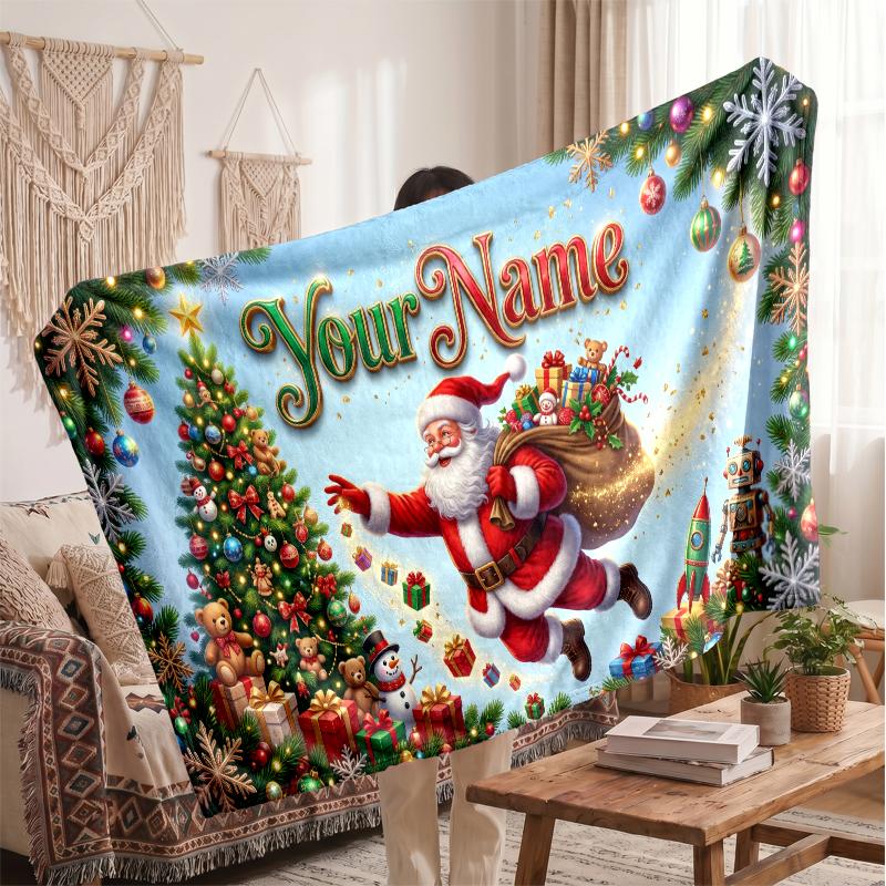 Christmas Custom Name Printed Flannel Blanket Warm Comfort Bed Throw Home Decor Holiday Gift