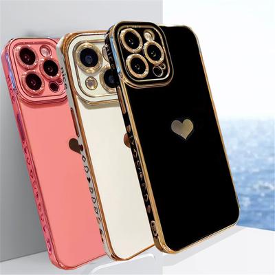 Plating Glitter Love Heart Soft Silicone Phone Case For iPhone 14 13 12 11 Pro Max X XR XS Max 7 8 15 Plus Shockproof Luxury Bling TPU Back Cover