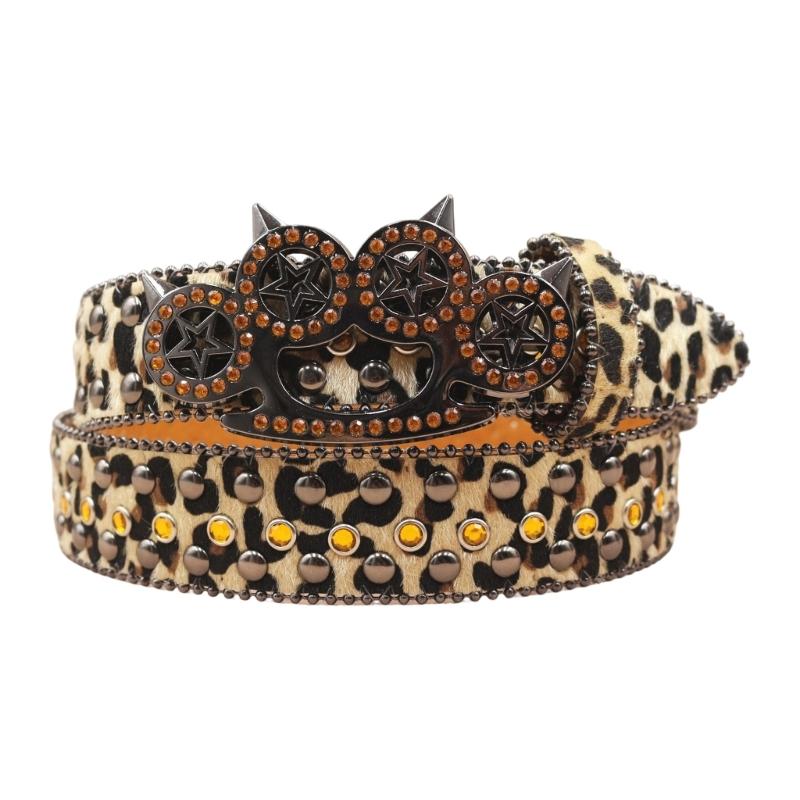 

Women s Men s Oversized Belt Leopard Print Rhinestones Embellished Rivets Accent Western Girdle for Hip Hop Event золотий