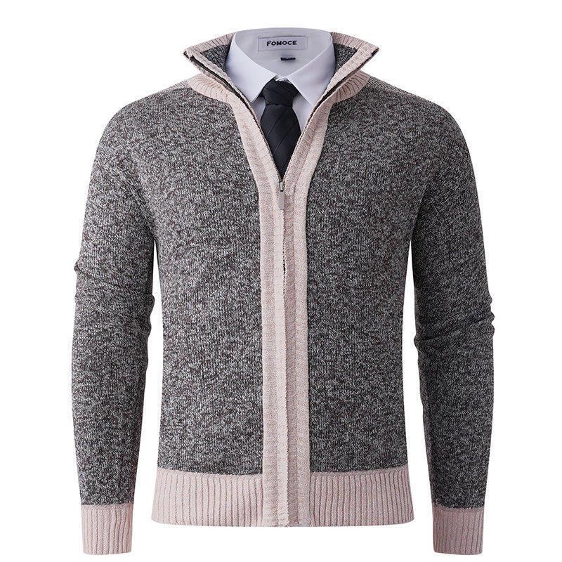 2025 Men's Solid Color Knit Zipper Cardigan - Thick Plus Velvet Coat for Autumn & Winter