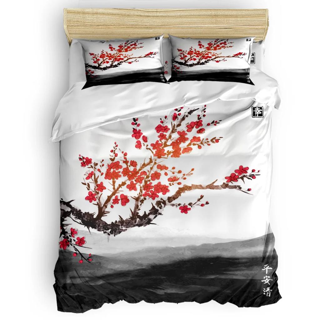Set husă de plapumă roz pal, Ramură de Sakura cu flori de cireș Primăvară japoneză delicată, Set de lenjerie de pat decorativ din 3 piese, Mărime king