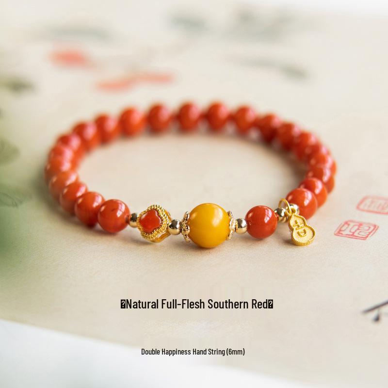 Red Agate & Amber Beaded Bracelet with Ruby Four-Leaf Clover for Women