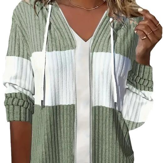 Women's Olive Green Ribbed Zip Hoodie, White Contrast Stripe, Drawstring Hood