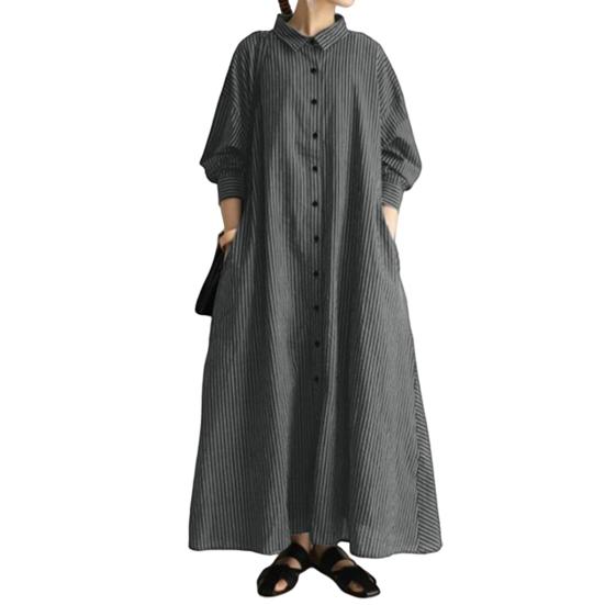 Long Dress Buttons Placket Workwear Skin-touch Classic Striped Print Lapel Loose Autumn Shirt Dress Daily Clothing