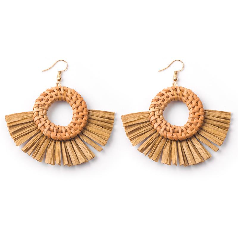 Hand-Woven Geometric Rattan Raffia Earrings, Retro Resort Fan Stud Earrings, Earrings For Women