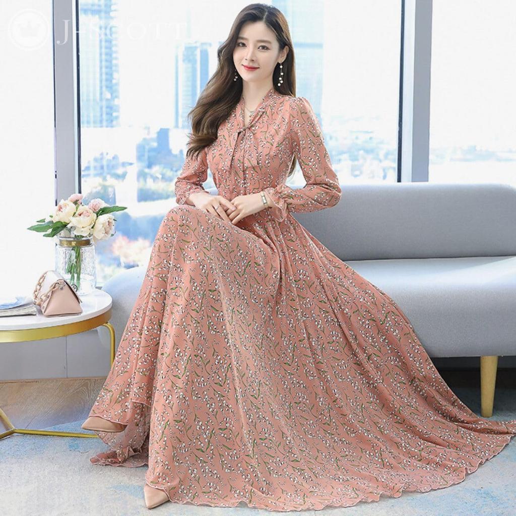 J-Scott Women's Long Chiffon Dress with Small Floral Print, Puff Sleeves, Bow Tie, High Waist, A-Line, Pink, JS08-PK-L