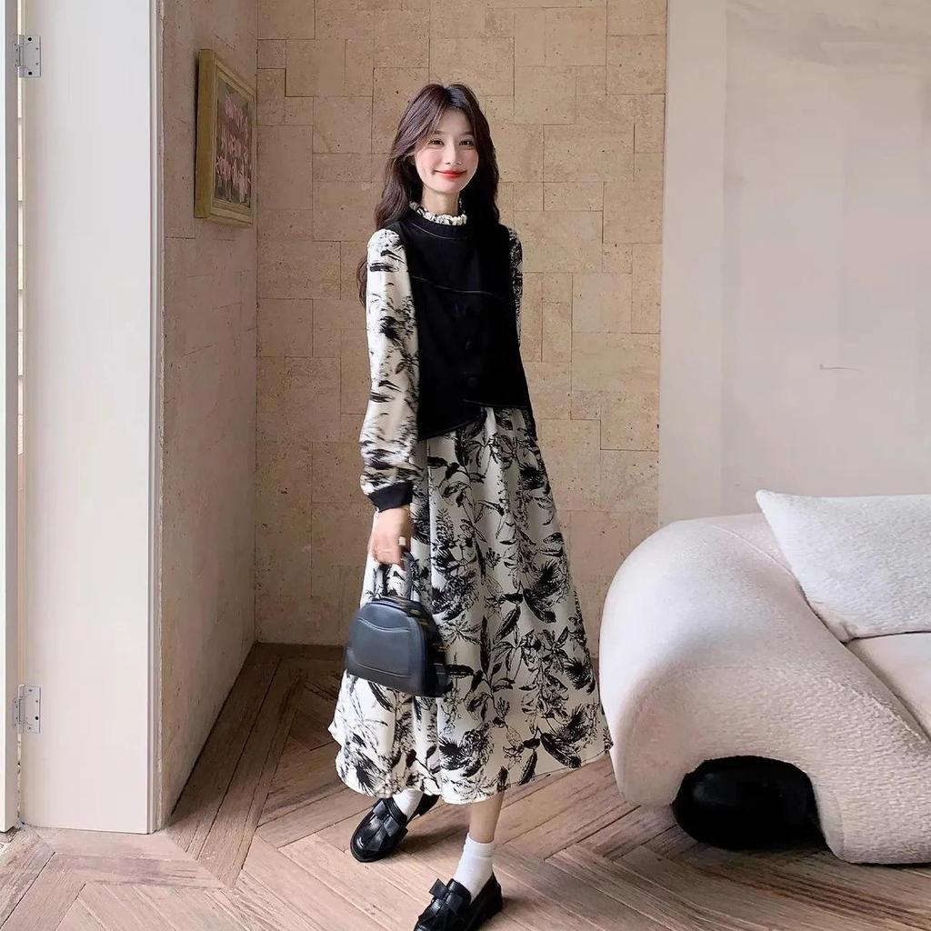 Autumn 2025 Retro Ink Wash Print Two-Piece Long Sleeve Dress for Women - Elegant High-End, Slimming Long Skirt