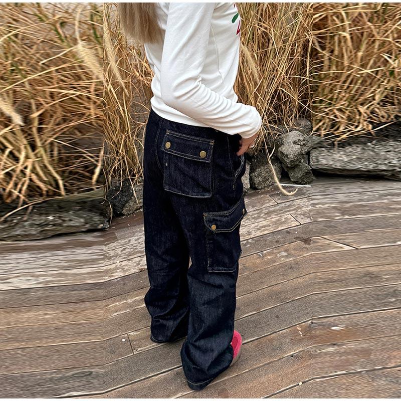 Retro Multi-Pocket Straight Leg Work Pants Loose Fit Jeans Women's 2025 Spring Autumn Trendy Denim Folded Wide Leg Jeans Office Lady Streetwear