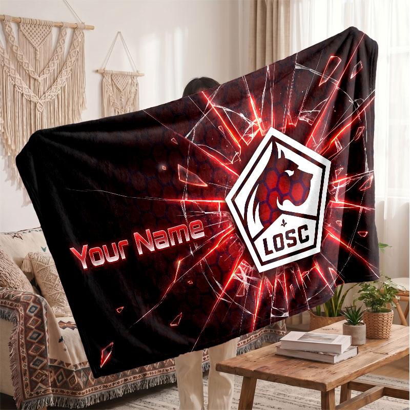 LOSC Lille FC Personalized Fleece Blanket With Football Logo, Custom Name Text Soft Warm Home Throw Blanket
