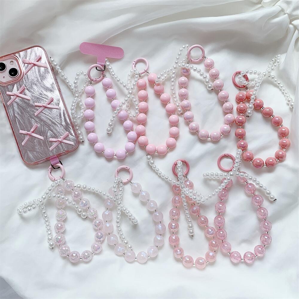 Pink Beaded Bow Keychain Mobile Phone Chain Earphone Bag Anti-Lost Rope Car Keychain Girls Fashion Backpack Pendant Accessories