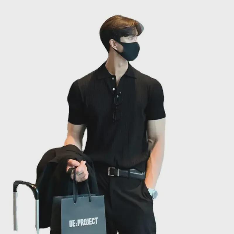 Men's Trendy Korean Style Polo Shirt - Casual Summer Solid Color, Textured, Knitted Short-Sleeve T-Shirt