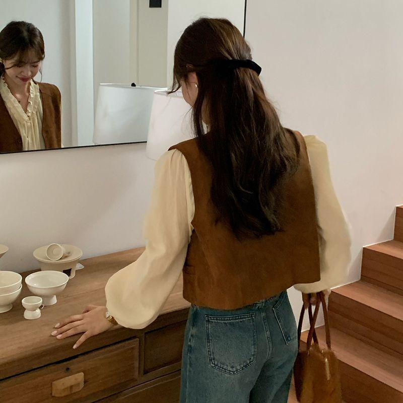 Women's 2025 Autumn Retro V-Neck Sleeveless Cardigan Vest - British Style Layered Outerwear