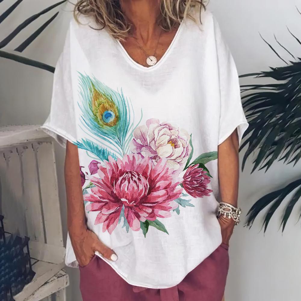 Fashion Women's T Shirt V-Neck Short Sleeve Top Women 3d Peacock Graphics Summer Plus Size Everyday Casual Female Clothing 5XL