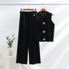 Gold Button V-neck Knitted Vest Casual Loose Trousers Knitted Two-piece Women's Suit