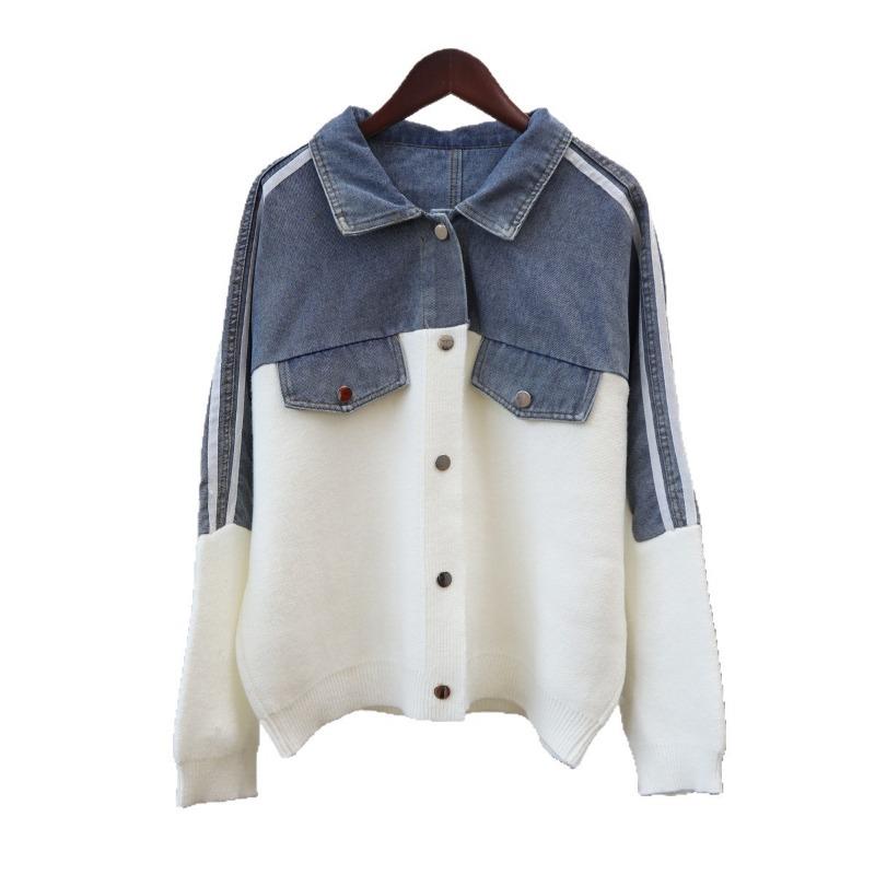 Fashion Denim Splicing Sweater Jacket Autumn and Winter New Design Sense Loose Casual Versatile Knitted Cardigan Women