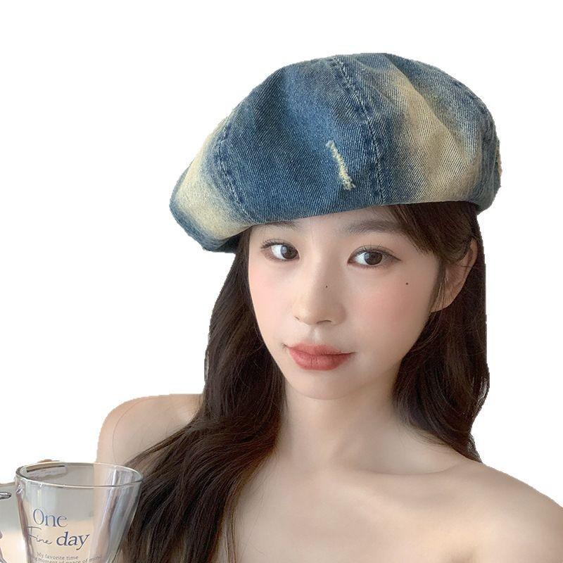 Japanese High end Denim Gradient Beret Ripped Denim Beret Vernacular Retro Versatile Old Painter Hat