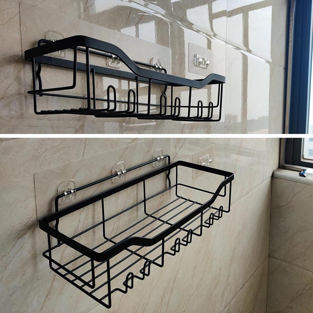 2Pcs/Set 6-Hook Punch-Free Carbon Steel Storage Basket Bathroom Draining Organization Rack