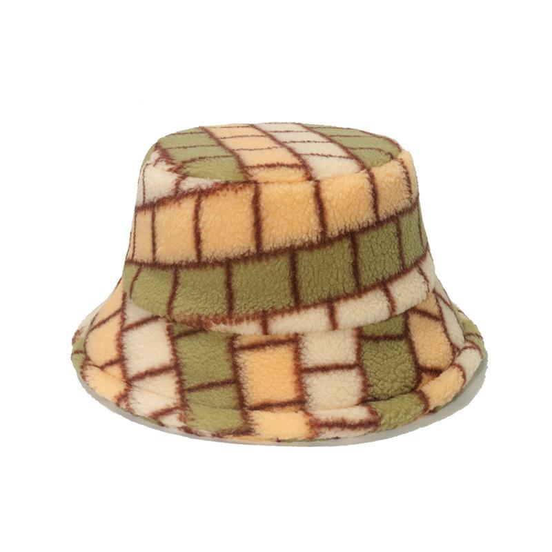 2025 autumn and winter new women's basin hat casual versatile thermal hat color square plaid lamb wool bucket hat women