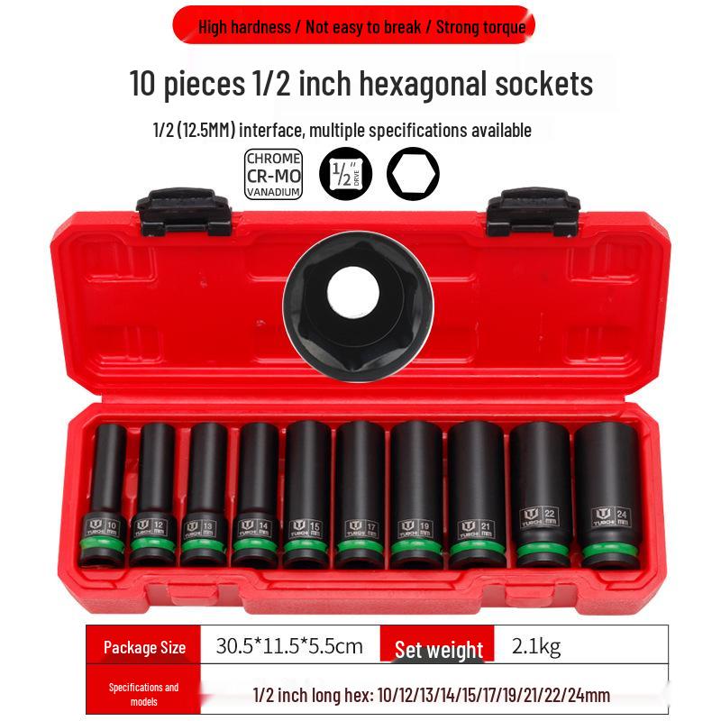 10-Piece Heavy Duty Air Impact Wrench Socket Set, 1/2 Drive Extended Hex Star, 10-24mm Socket Head Tool Set
