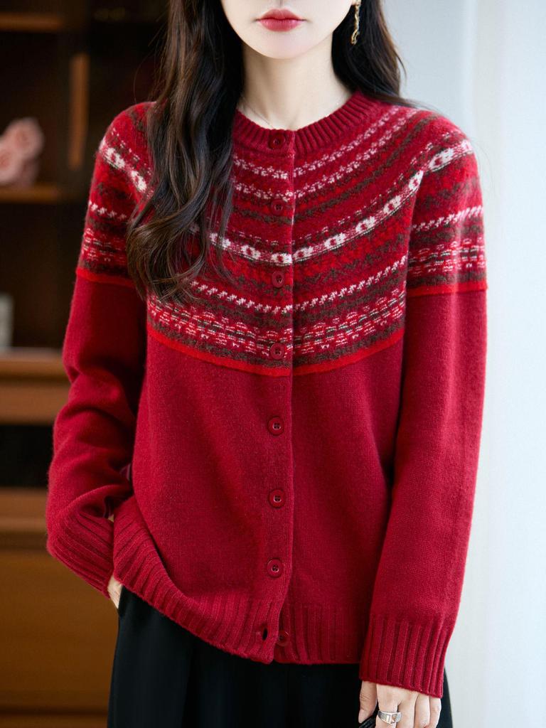 2025 Autumn/Winter 100% Wool Fair Isle Thick Cashmere Cardigan Sweater – Small Fragrance Style