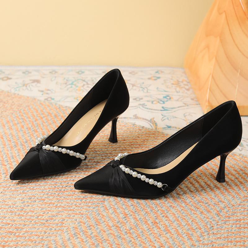 Knotted Pearl Xiuhe Bridal Shoes: Women's Silk Sheepskin High Heel Stilettos with Pointed Toe