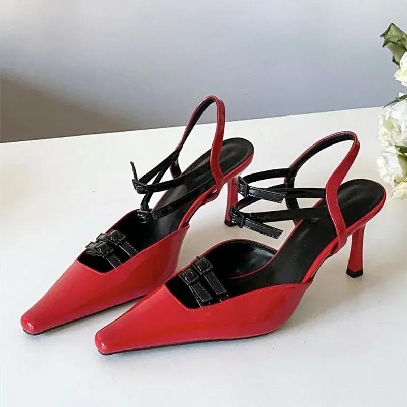 Novelty Straps Buckle Designer Thin High Heels Women Sexy Pointed Toe Heeled Sandals Patent Leather Women Pumps Wedding Shoes