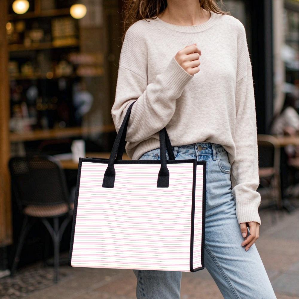 Pink White Striped Tote Bag Casual Daily Handbag Large Capacity Reusable Shopping Bag for Women Outdoor Commute