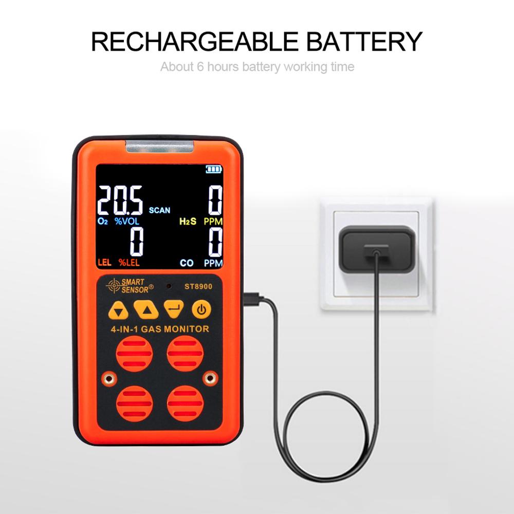 4 in 1 Multi Gas Detector Gas Monitor Oxygen O2 Hydrogen Sulfide H2S Carbon Monoxide CO Combustible Gas LEL Gas Analyzer Meter