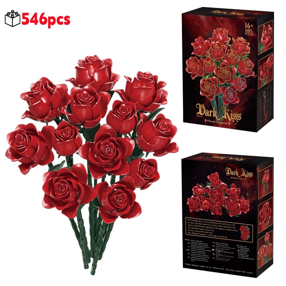 Non-Toxic New Red Rose Flower Bouquet Building Blocks Romantic Valentines Day Gift For Women Diy Creative Desktop Home Decor Model Kit