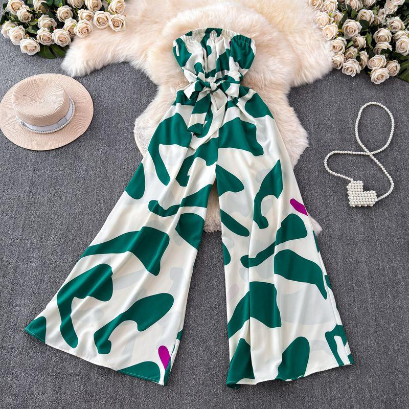 

Seaside Holiday Floral Print Tube Top Sexy Open Back Chiffon Jumpsuit Fashion Loose Temperament Loose Pants Jumpsuit Green Print on white background One size