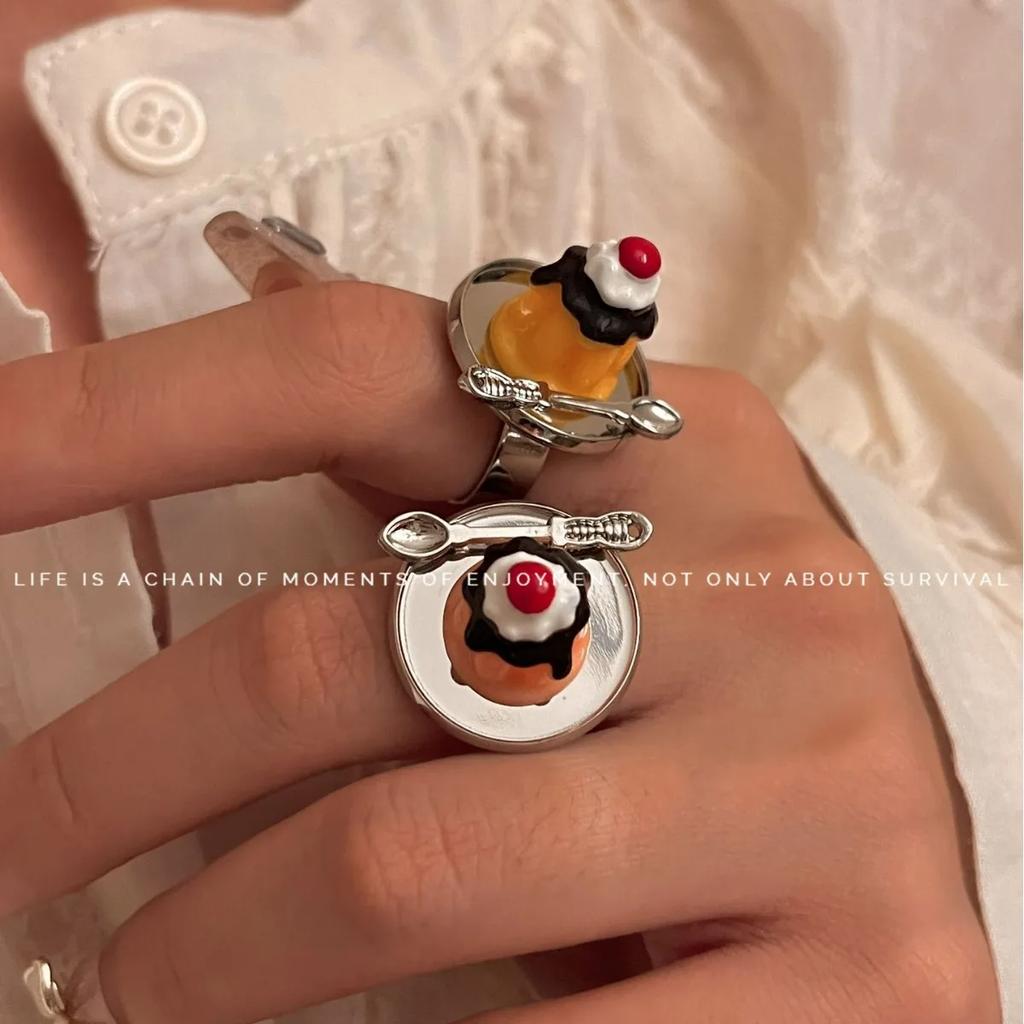 Fashion Hip Hop Design Cake Ring Cherry Chocolate Fruit Cake Afternoon Tea Ring Birthday Gift Accessories Cute Food Rings Girl