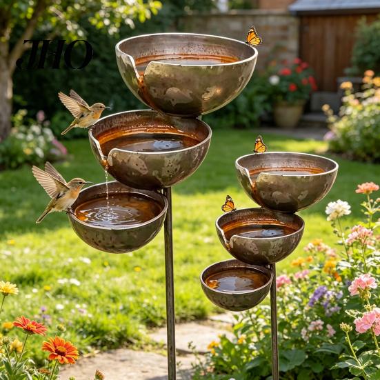 Mangiatoia per Insetti Accessorio da Giardino Mangiatoia per Uccelli in Metallo Rustica Vintage Pali Raccogli Pioggia con Ciotole Decorative a 3 Livelli Stazione di Abbeveraggio per Api per