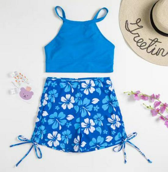 

Женский сексуальный европейский и американский купальник бикини с принтом и открытой спиной S синий