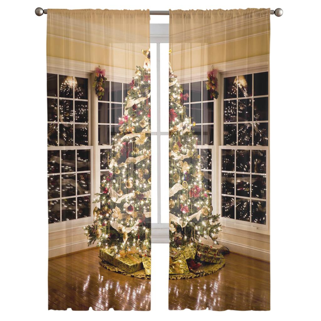 Christmas Tree Lights Christmas Theme Tulle Curtains For Living Room Decoration Modern Chiffon Sheer Voile Christmas Curtains