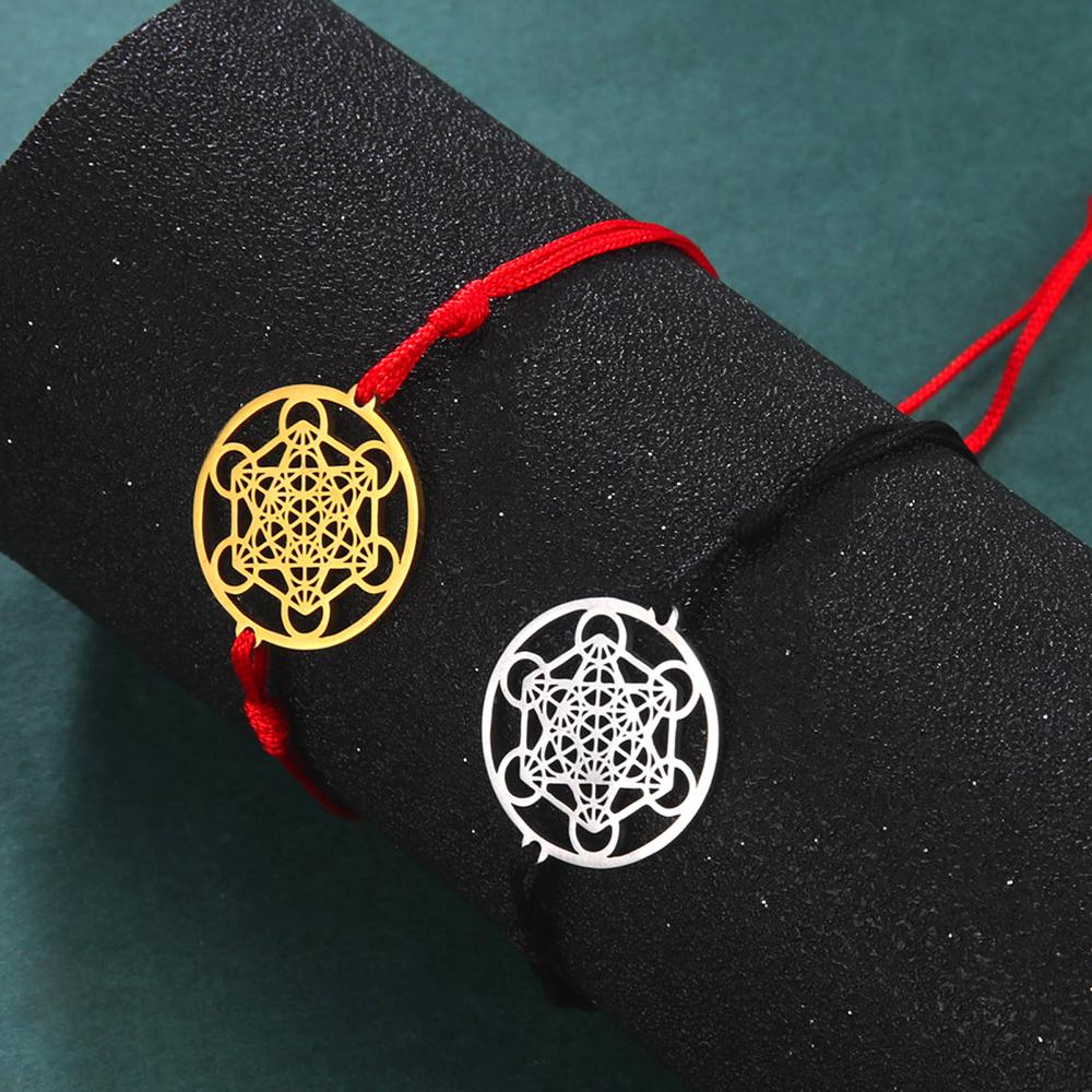Dawapara Flower of Life Metatron Cube Bracelet for Women Men Adjustable Rope Chain Stainless Steel Charm Bracelet Couple Jewelry