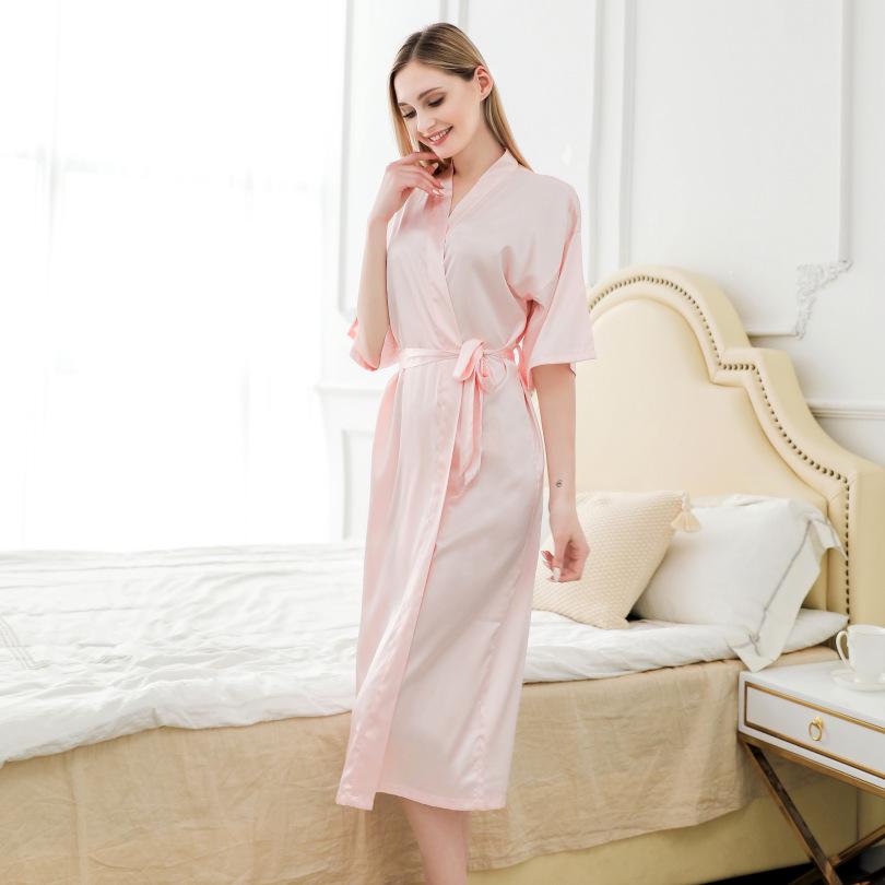 Women's Long Silk-Like Bathrobe - Solid Color Kimono Cardigan for Brides or Lounging