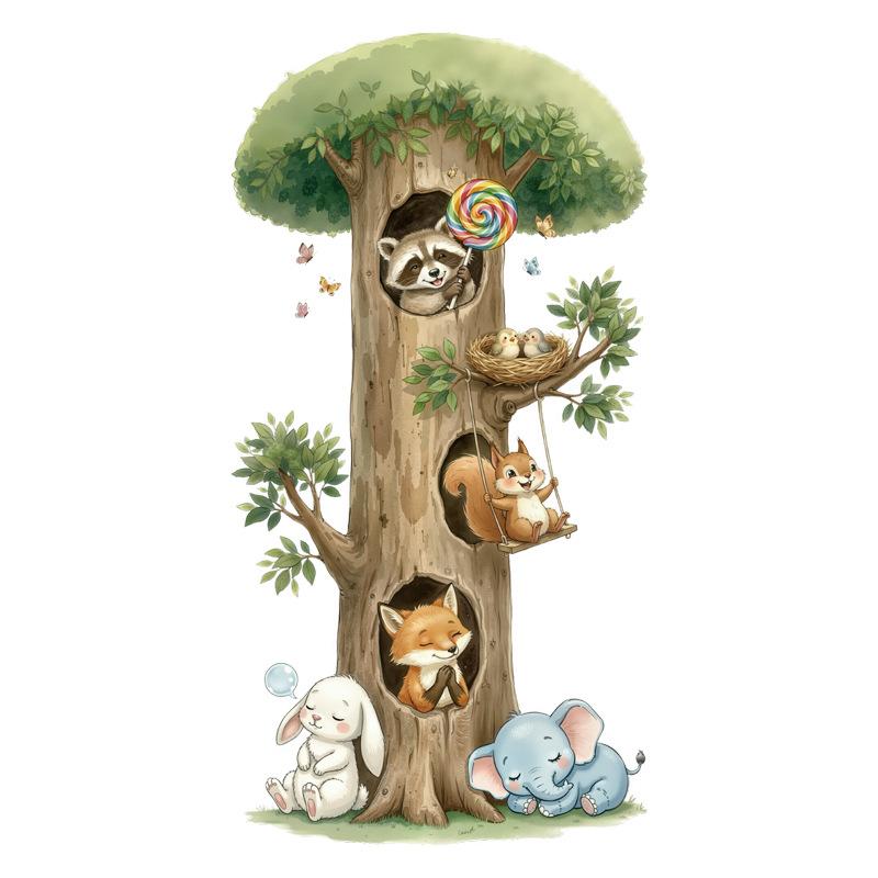 Cute Cartoon Tree Animals Wall Sticker Raccoon Squirrel Bunny Elephant Peel Stick Decal for Kids Bedroom Nursery Playroom Decor